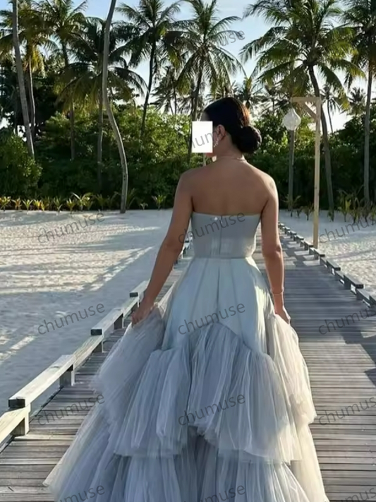 Light Blue Ruffles Evening Dress with Crystal Strapless for Women Wedding Party Ball Gowns