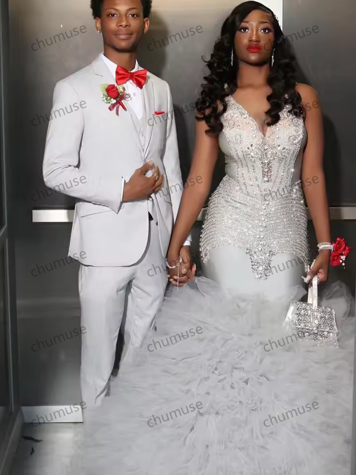 Customized Mermaid Bride Dresses Draped Pleat Tulle Tassel Layered Crystal Sleeveless Open Back Prom Dress