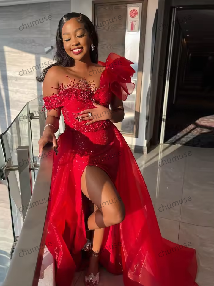 Elegant Red Prom Dress For Women Beads Sequined Side Plit Luxury Birthday Party Gowns Formal Evening Dresses