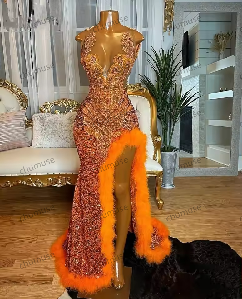 Orange Luxury African Evening Reception Dresses for Women Sparkly Diamond Feather Velvet Slit Prom Gown Black Girl