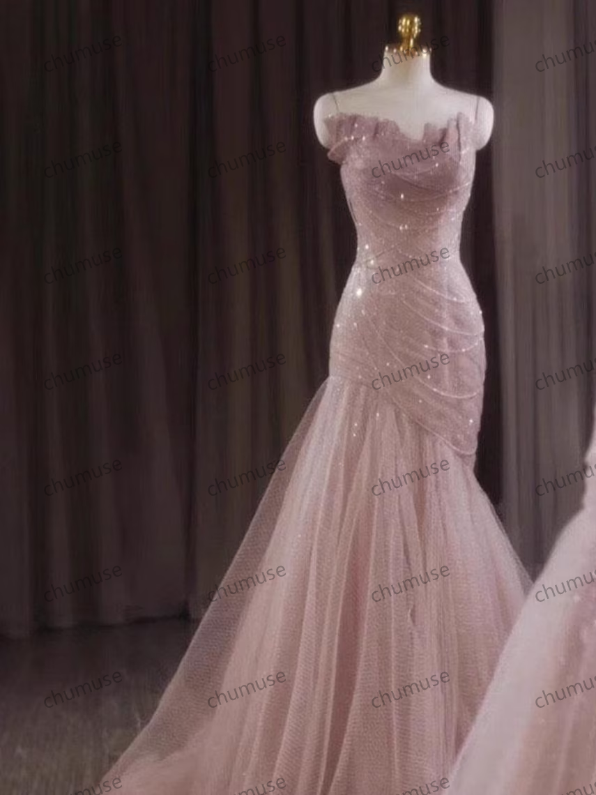 Robe longue de soirée en dentelle à paillettes roses, robe de bal à traîne, robe de soirée, robe de demoiselle d'honneur, robe de mariée, robe sirène