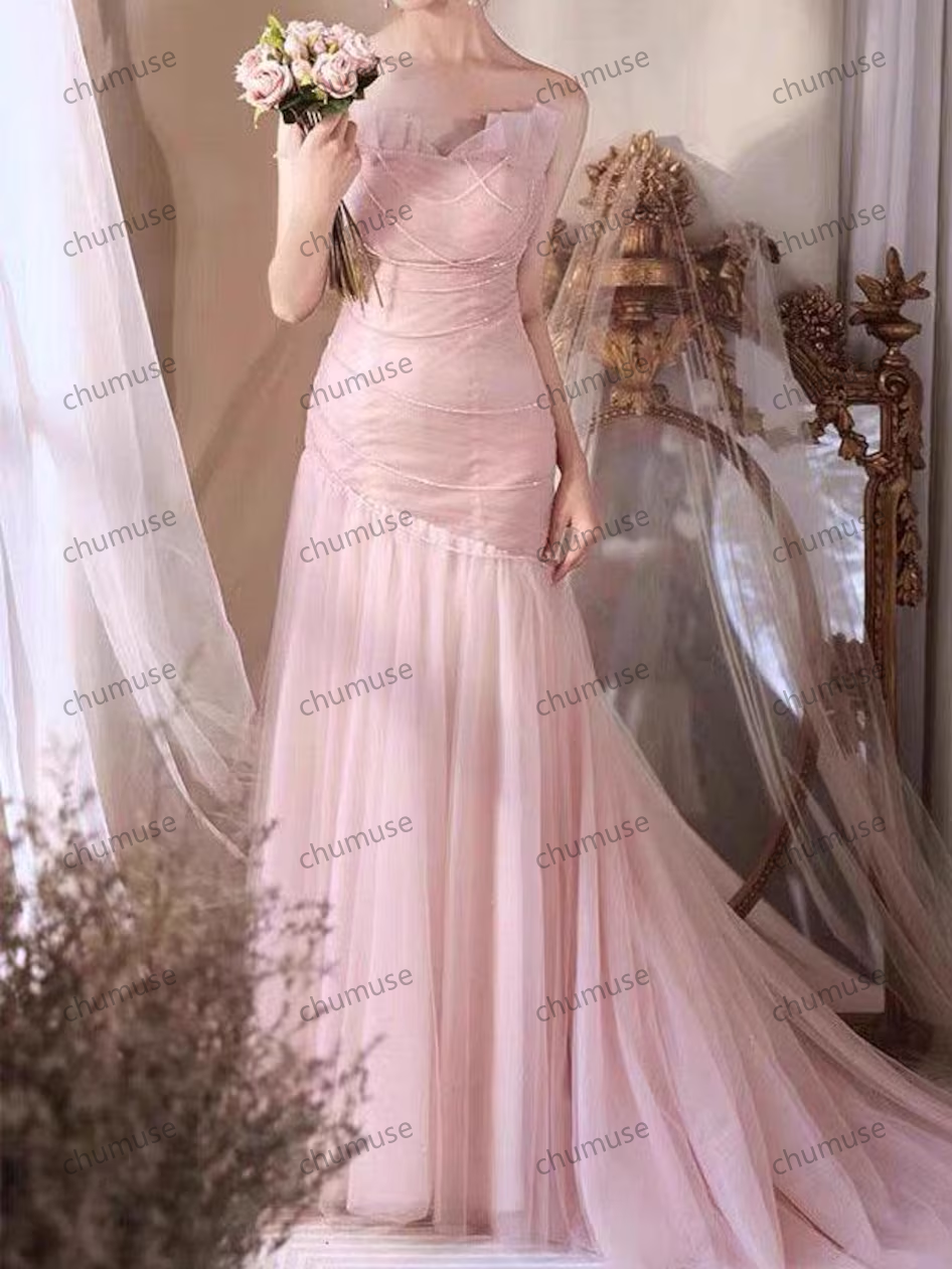 Robe longue de soirée en dentelle à paillettes roses, robe de bal à traîne, robe de soirée, robe de demoiselle d'honneur, robe de mariée, robe sirène