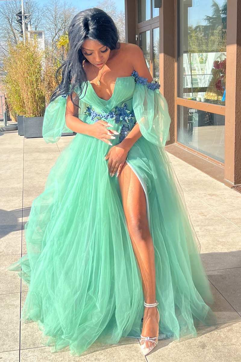 Robe de bal longue trapèze en tulle vert à fleurs 3D et épaules dénudées