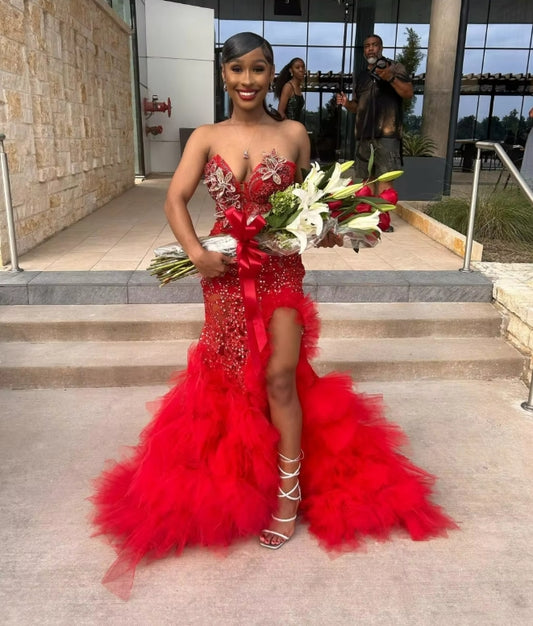Customized Sexy Black Girls Sequins Red Prom Dress Crystal Beaded High Slit Ruffles African Party Aso Ebi Gown