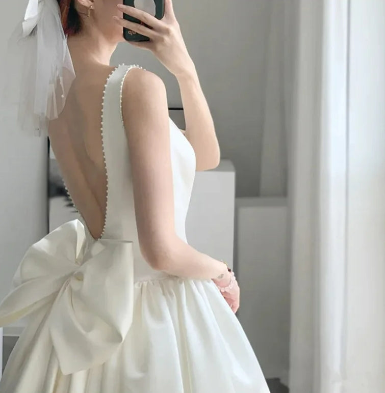 Robe de mariée en satin blanc, élégante, mi-longue, pour bal de promo, soirée, été, sexy, longue, pour anniversaire, remise de diplôme, fête