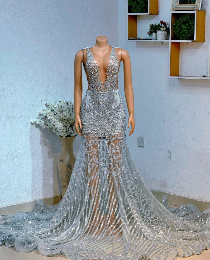 African prom dress, ball dress, luxury silver mermaid prom dress, bridesmaid gown, evening gown, birthday photoshoot gown, dinner party gown