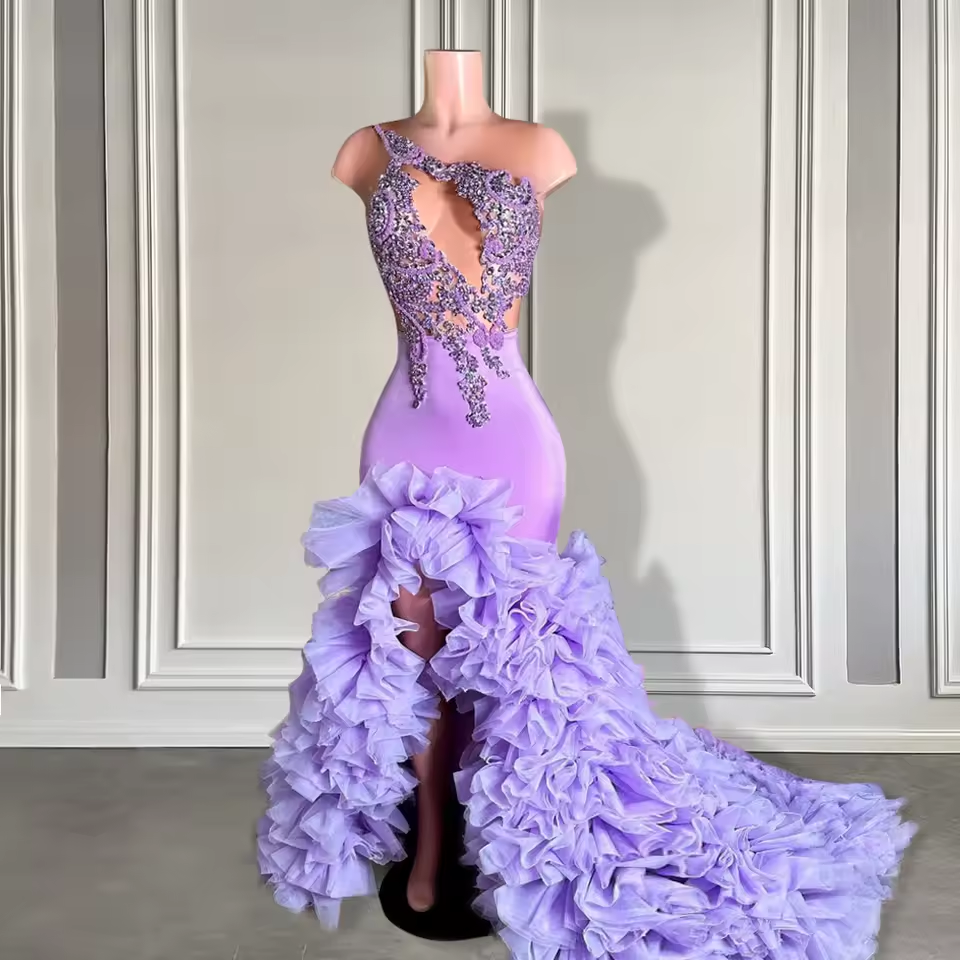 Elegant Purple Appliques Beaded Long Prom Dresses 2025 Sexy Slit Black Girl Mermaid Prom Gowns Pleated Ruffle Customized