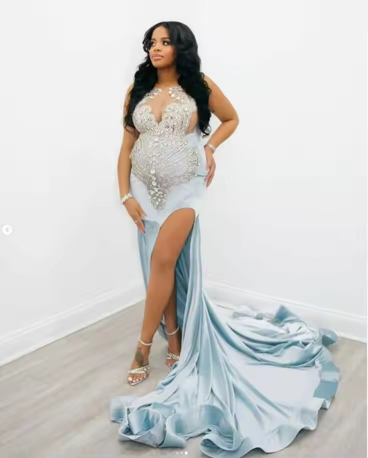 فستان سهرة حورية البحر أزرق سماوي لامع، مقاس مخصص، فستان سهرة مثير بفتحة ماسية فاخرة، مناسب لحفلات أعياد الميلاد