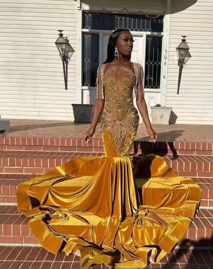 Vestidos largos de fiesta de cumpleaños de noche con brillantes dorados para niña negra, vestido formal de sirena con borlas de diamantes para ceremonia de graduación, personalizado