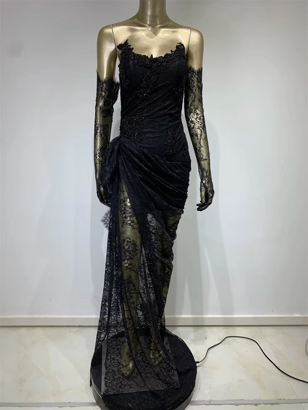New Women Summer Dresses Sexy Strapless Lace Black Elegant Dress With Gloves Sleeve Prom Evening Party Wedding Celebrity Gowns