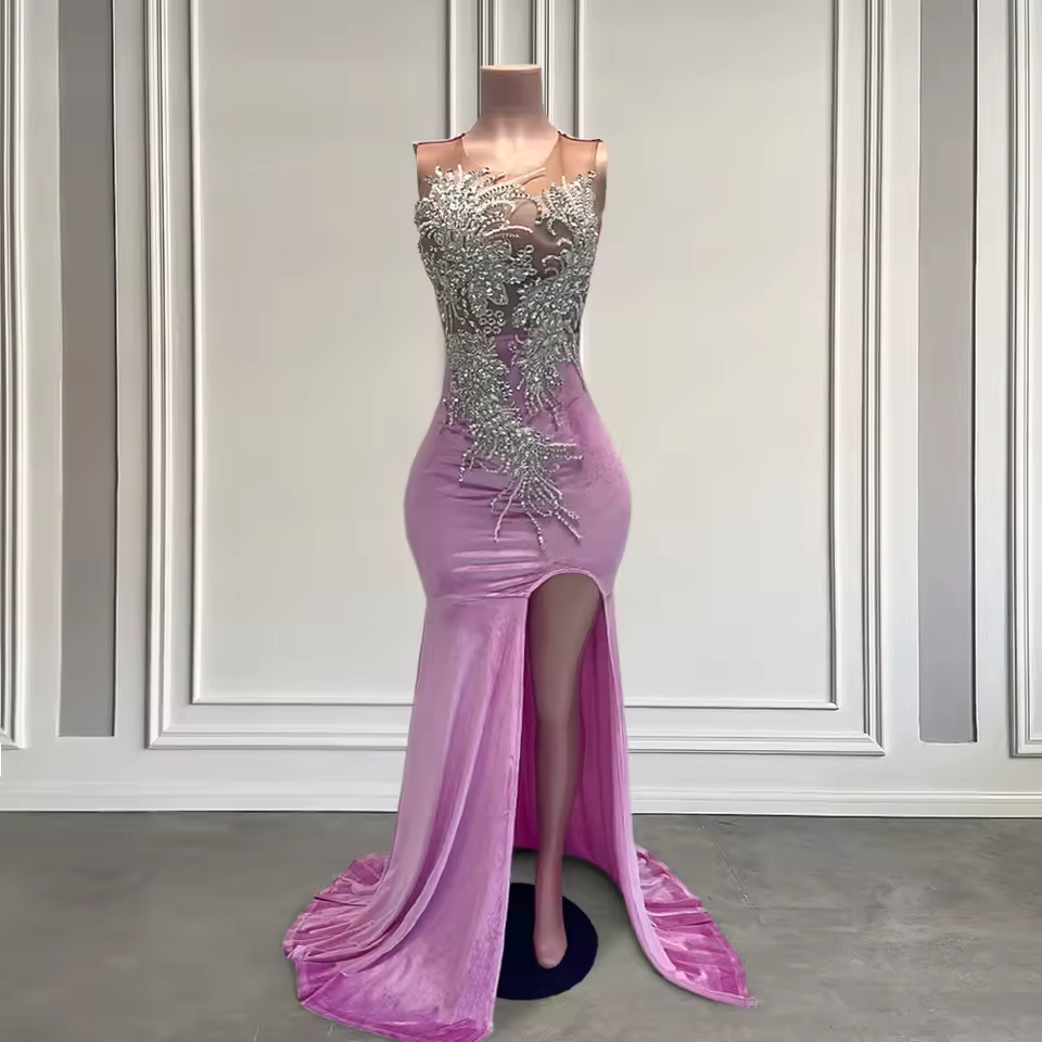 Vestidos de fiesta largos de terciopelo violeta 2025 para niñas negras con cuentas brillantes y cristales, abertura alta, vestidos de fiesta de sirena rosa, vestidos de cumpleaños personalizados