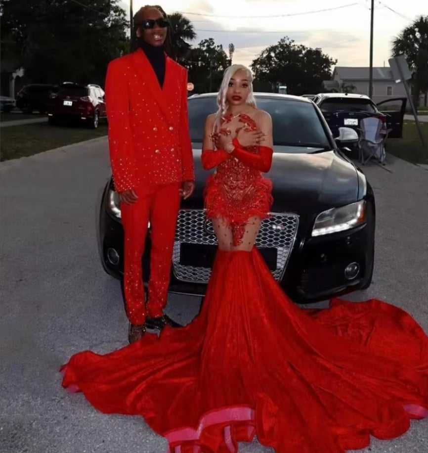 Vestido de cóctel rojo brillante para chicas negras, sexy, con cuentas y lentejuelas, para fiesta de cumpleaños, con guantes de plumas y diamantes de imitación, para noche.