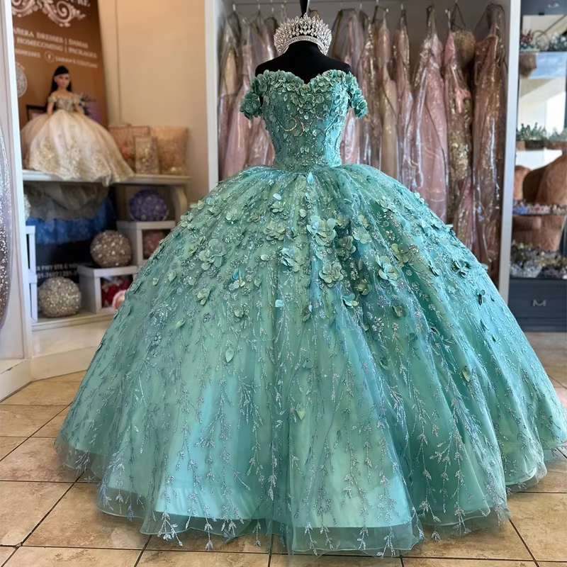 Mint Green Quinceanera Sweet 16 Dresses Lace Appliqued Off Shoulder With Cape Wraps Graduation Gowns Custom Made
