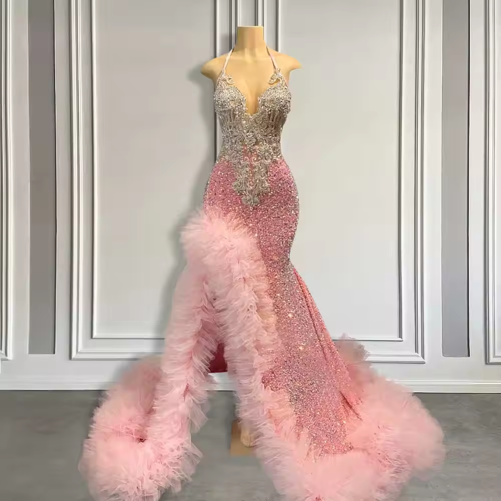 Long Pink Prom Dresses for Black Girl with Ruffle Side Slit Sparkly Crystal Beaded Mermaid Luxury Prom Gown 2025 Customized