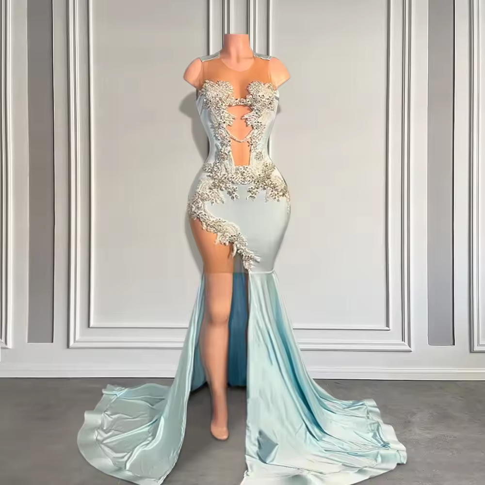 Light Blue Long Prom Dresses 2025 for Black Girls Sparkly Diamond Crys