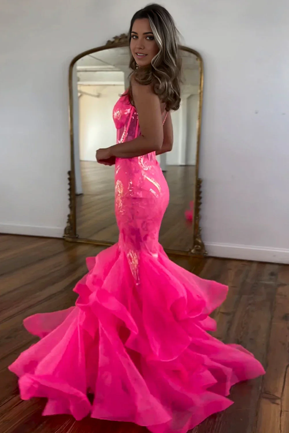Mermaid Spaghetti Straps Sequin Long Hot Pink formal dresses evening dress Prom Dresses With Ruffles