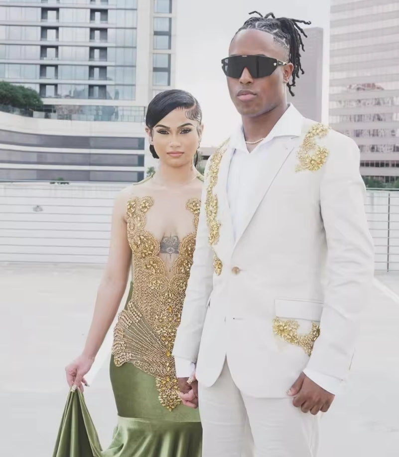 Customized Shiny Olive Velvet Mermaid Prom Dress Black Girl Gold Diamond Crystal Beaded 2025 Birthday Party Gown