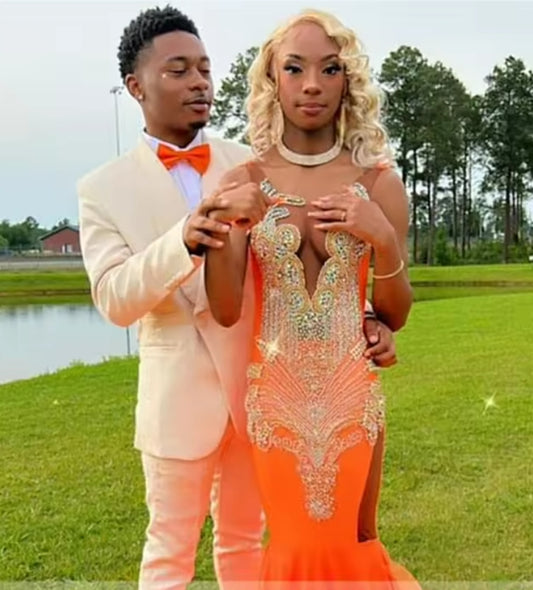 Orange Feathers Satin Mermaid Prom Dress Sliver Crystal Beads Black Girl Dresses For Party Wedding Evening Gala Dress Customized