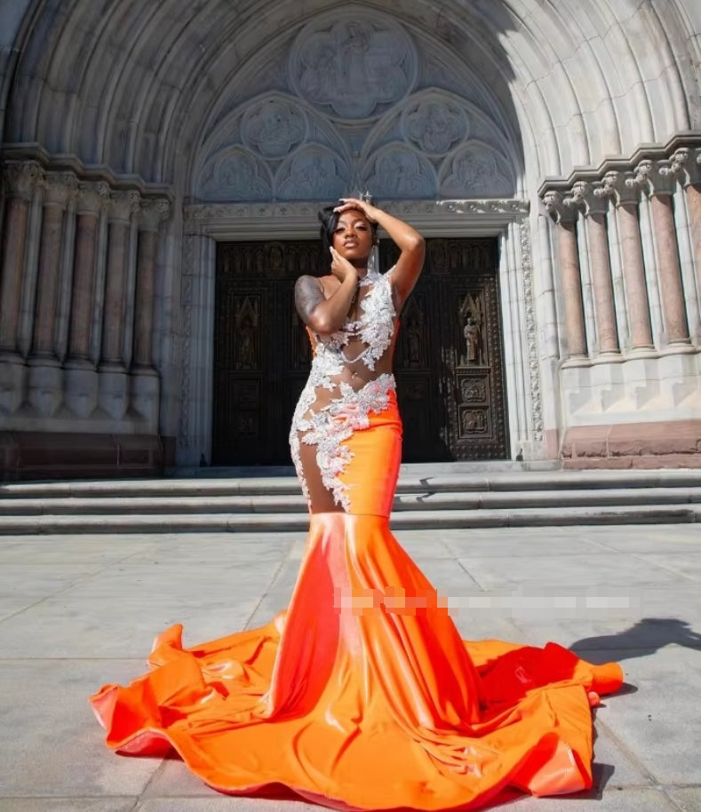 Superbe robe de bal sirène orange 2025 élégante avec appliques perlées, sexy, transparente, en maille noire, pour filles, sur mesure