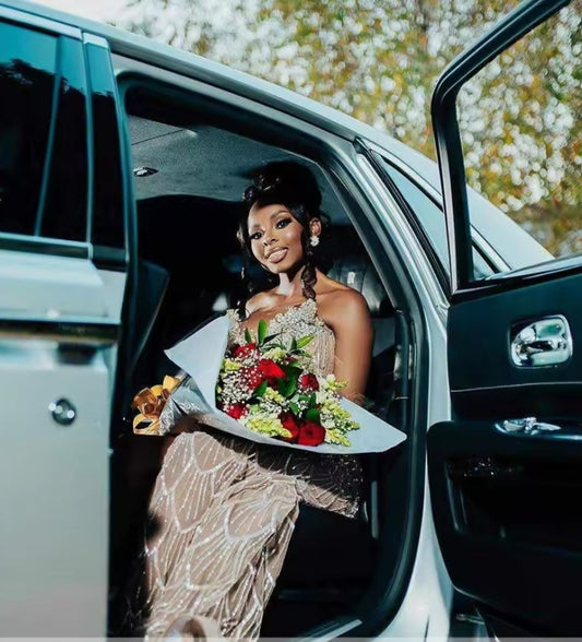 Sparkly V Neck Long Prom Dress For Black Girls Sequined Birthday Party Dresses Beaded Crystal High Slit Evening Gowns Customized