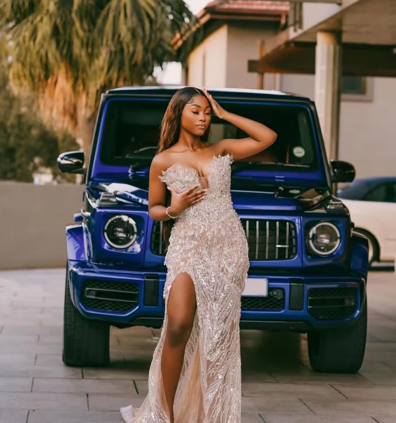 African Sexy Cocktail Dresses With Crystals Sweetheart Elegant Prom Dresses With Side Slit Vestidos De Cóctel Wedding Party Gown