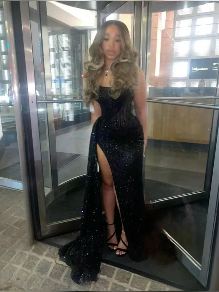 Black Strapless Lace Sequins Black Girl Long Evening Party Dress With Slit Charming Prom Dress