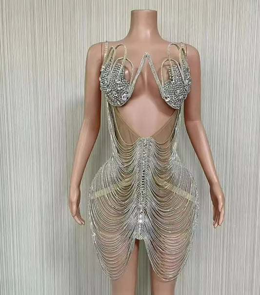 Sexy Diamond Birthday Party Dress Women's Cross-Border European American Style Summer Clothing Gold Water Diamond Summer Gown