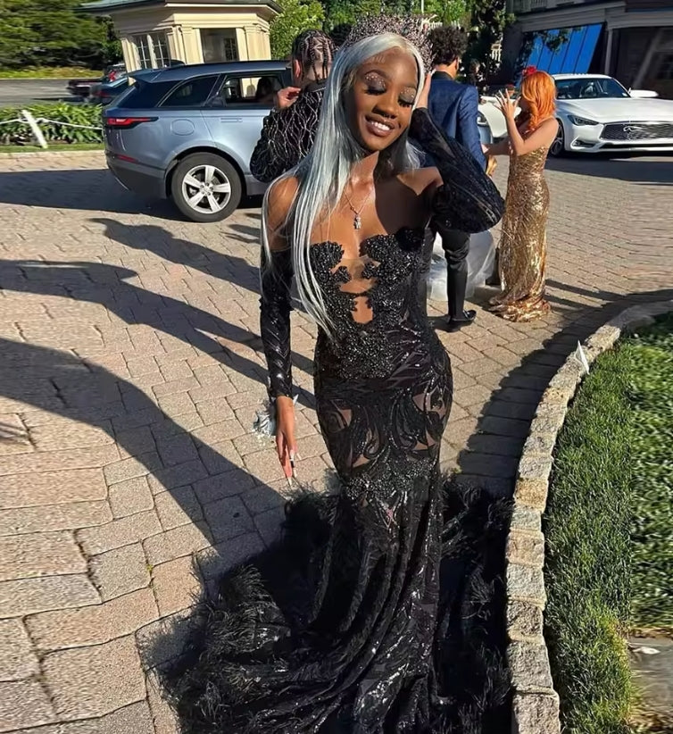 Sparkly Black Prom Dresses Sequined Mermaid Party Gowns Off Shoulder Long Sleeves Evening Dress Vestidos De Fiesta Customized