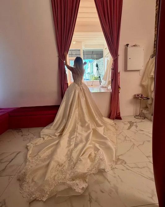 lvory Satin Wedding Dress Basque Waist A Line Long Bridal Gowns Bone Tight Bride Dresses 2025 Customized vestido de novia