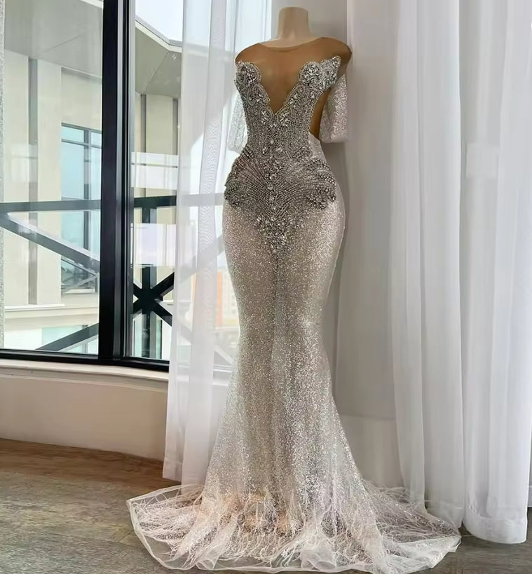 Stunning Silver Prom Dresses 2025 Mermaid Party Dress With Feathers Long Crystal Celebrity Evening Gowns Customized