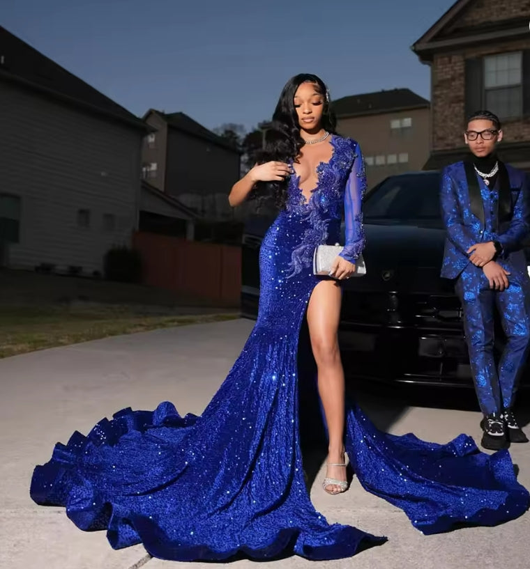 Shinny Royal Blue Prom Dresses Mermaid 2025 Sheer Long Sleeves Slit Evening Dress Crystal Wedding Party Dress Customized