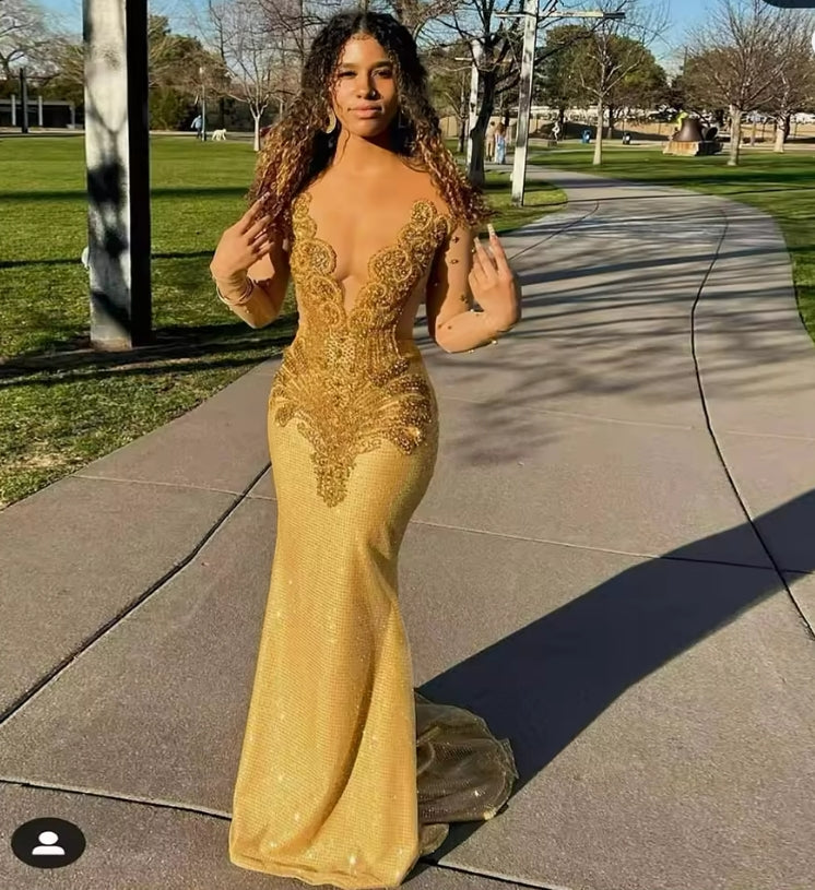 Gold Prom Dresses 2025 Black Girl Luxury Rhinestone Sequin Mermaid Party Gowns Sheer Neck vestidos de fiesta Customized