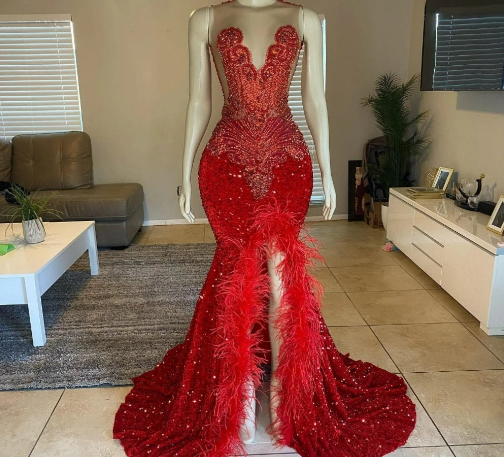 Customized 2025 Red Feather Mermaid Prom Dress Black Girl High Slit Crystal Beaded African Birthday Party Gown
