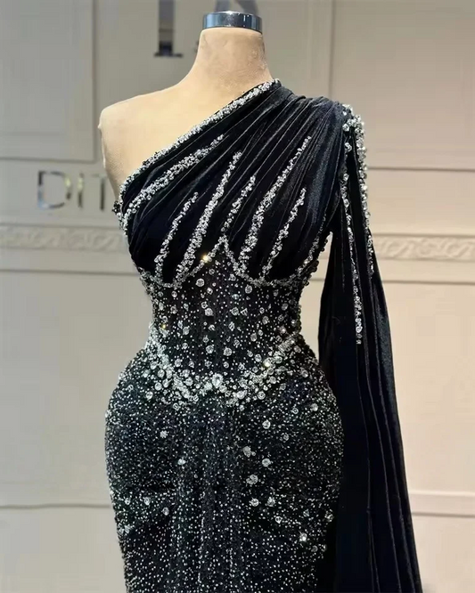 Saudi Arabia Black Lace Beaded One Shoulder Prom Dresses 2025 With Cape Crystal Formal Gown Birthday Party Dresses Customized