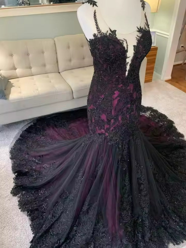 Purple and Black Mermaid Wedding Dresses Gothic Applique customsized Sheer Neck Covered Buttons Bridal Gown Robe De Mariage