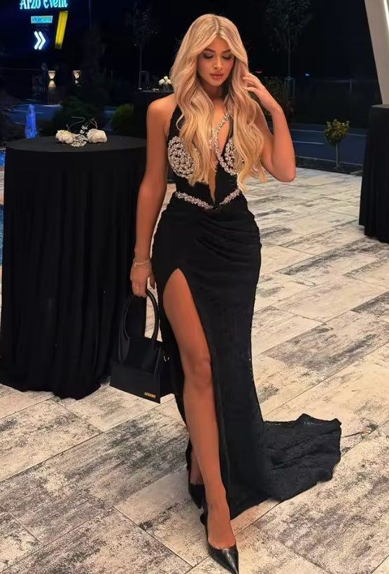 Black Lace Appliques Long Dress for Women Rhinestones Halter High Slit Diamonds Sleeveless Trumpet Cocktail Evening Gown