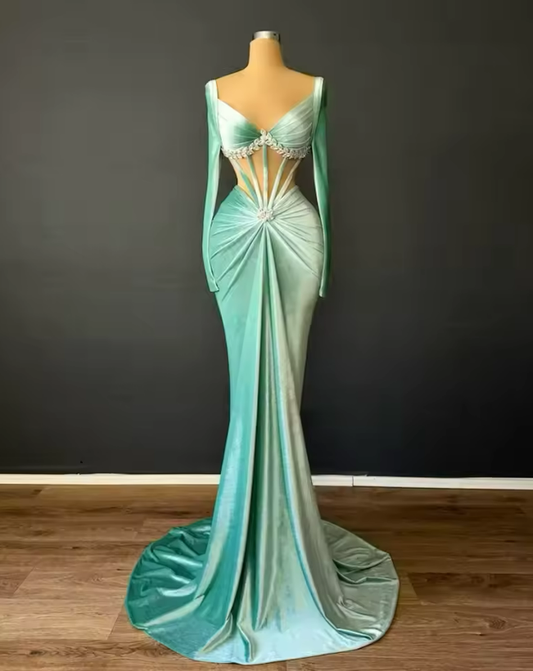 2026 Green Velvet Mermaid Prom Dresses Sexy Cut Side V Neck Beaded Evening Party Gowns Customized Special Occasion Dress