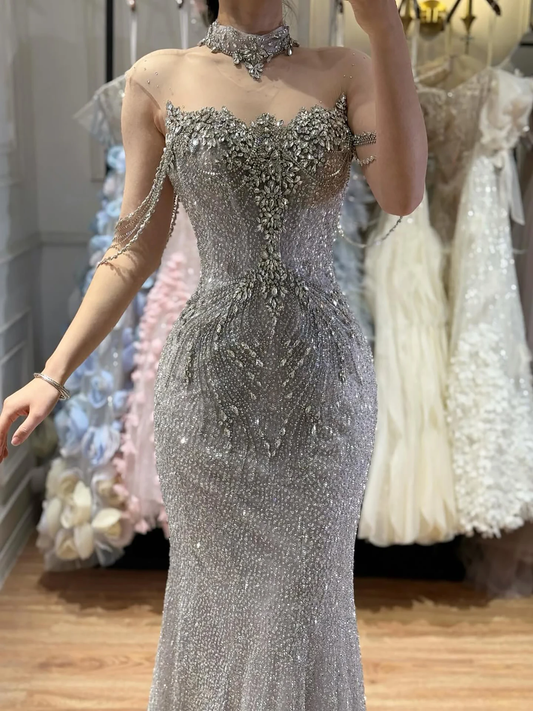 2026 Luxury Gray Crystal Beaded Mermaid Evening Dress For Women Saudi Arabic Wedding Party Prom