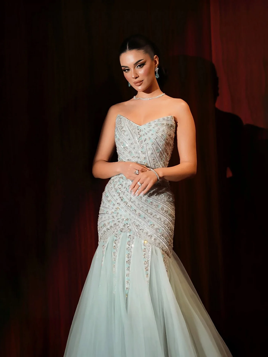 2026 Luxury Sage Green Beaded Mermaid Strapless Lace Up Evening Dress Gowns For Women Party