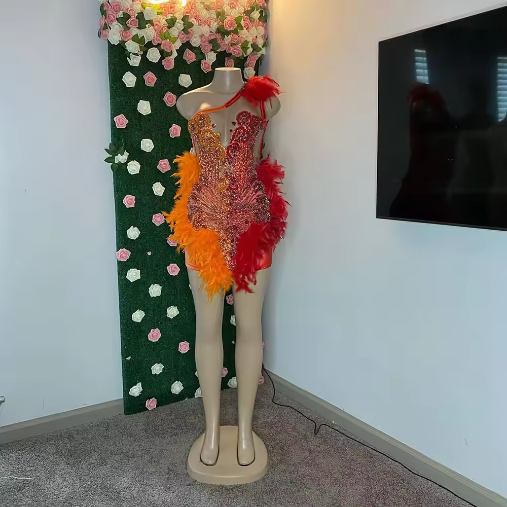 Red&Orange Short Prom Dresses Black Girls Rhinestones Crystals Birthday Outfit Party Gowns Feathers Cocktail Wear Customized