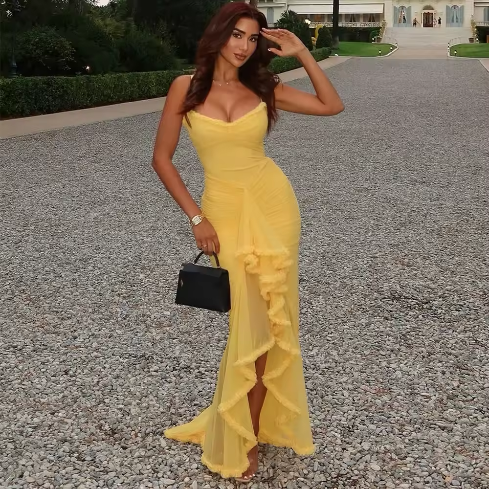 New Arrivals Spaghetti Strap Bodycon Dress Fashion Ruched Long Dress Women