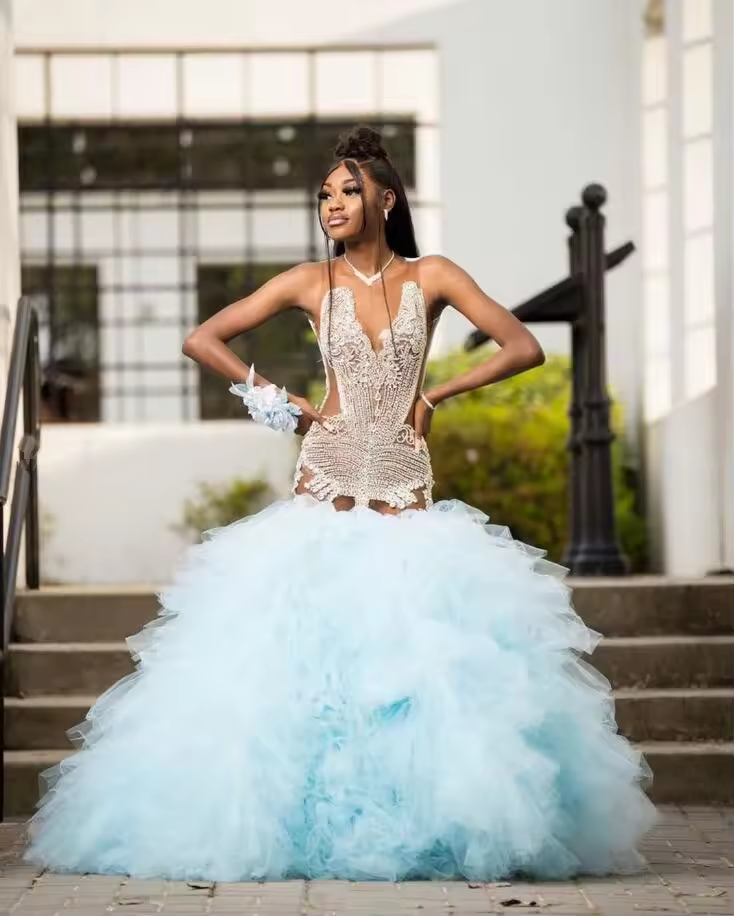 Mint Blue African Mermaid Prom Dress for Women Luxury Crystal Beaded Black Girl Birthday Gown vestidos de gala Prom customsized