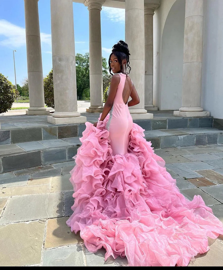 Stylish Pink Sliver Appliques Beaded Evening Dress With Layers