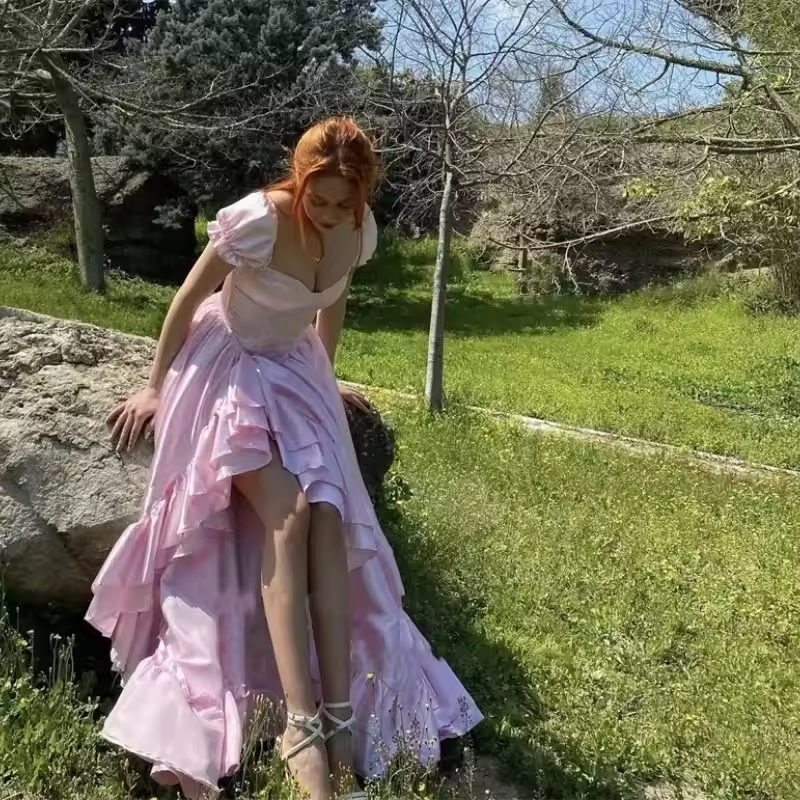 Robe de soirée trapèze rose à volants détachables, dos nu, en soie, fendue, tenue de soirée formelle