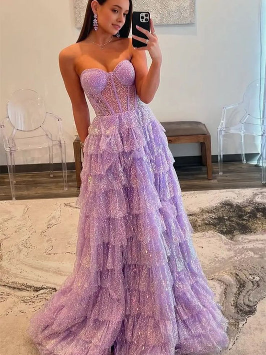 Lavender Sparkly Tulle Prom Dresses 2025 Ruffled Strapless Formal Gown with Slit