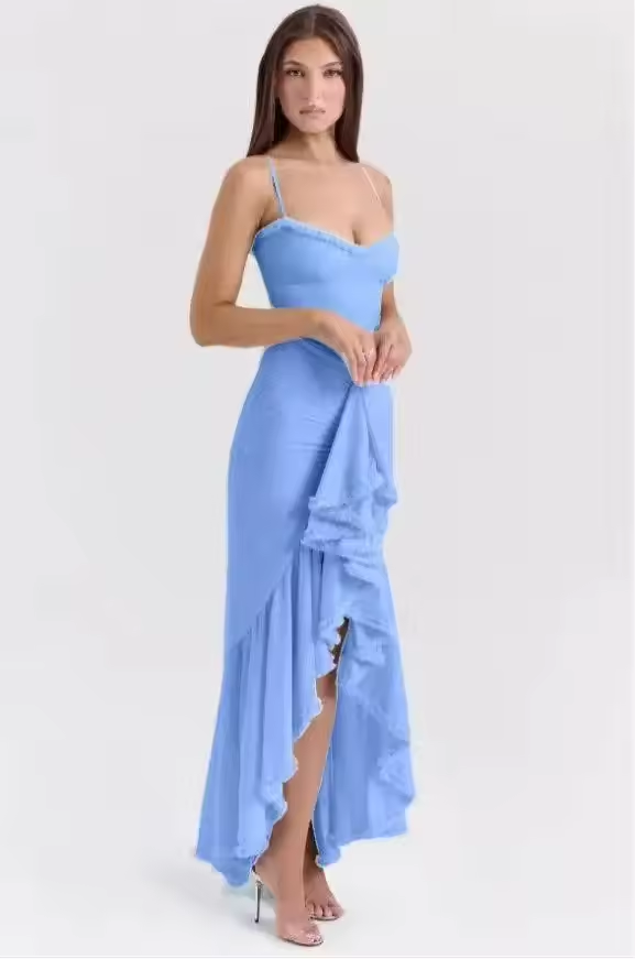 New Arrivals Spaghetti Strap Bodycon Dress Fashion Ruched Long Dress Women