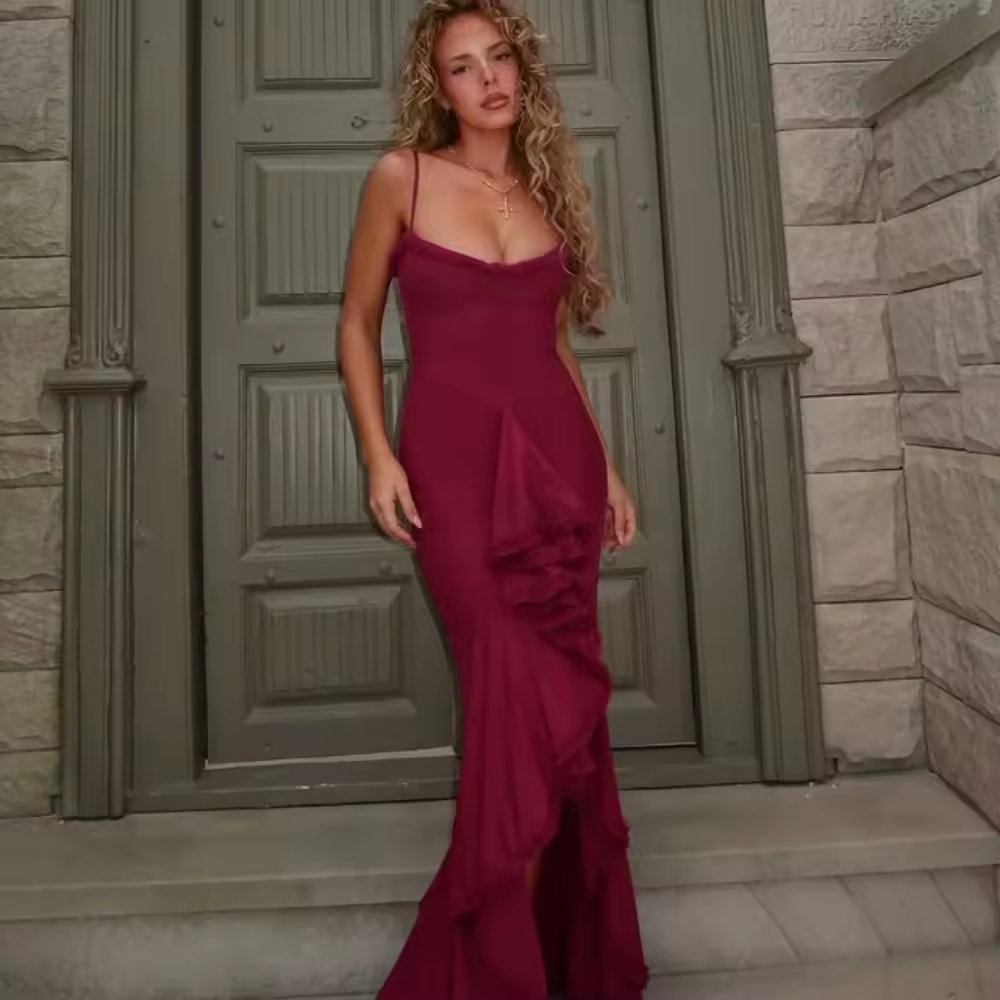 New Arrivals Spaghetti Strap Bodycon Dress Fashion Ruched Long Dress Women