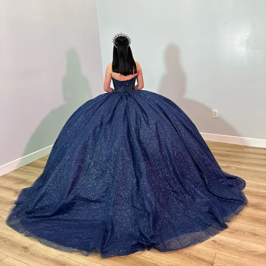 Glittering Navy Blue Quinceanera Dresses Vestidos De 15 Anos Sweetheart Luxury Beading Crystal Formal Princess Gown