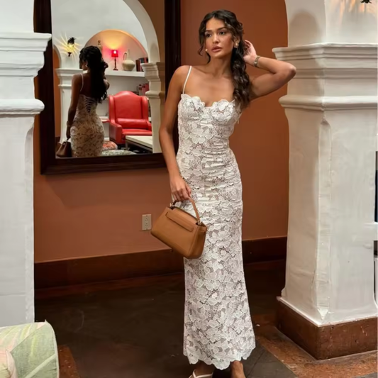 Summer Elegant Maxi Dress New in Wedding Guest Dress Women White Lace Up Long Dresses Sexy