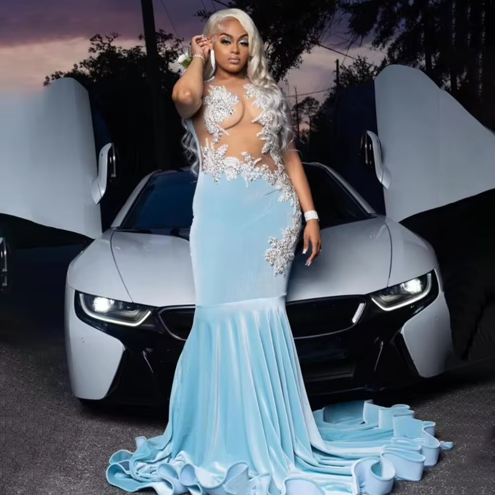 Vestidos de fiesta largos de terciopelo 2025 para chicas negras, sexys, transparentes, con apliques de diamantes de imitación, estilo sirena, para fiesta de cumpleaños, vestido de noche, personalizado